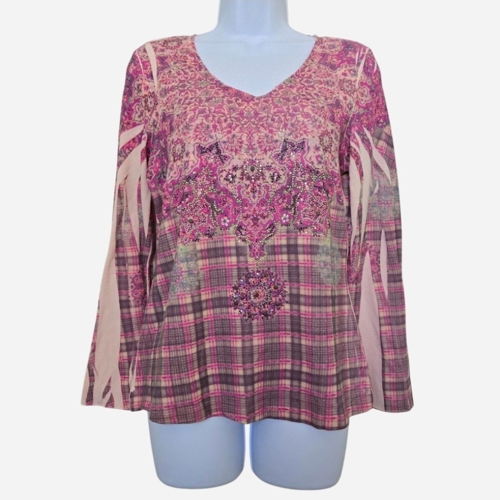 Vintage Pink paisley boho embelished Knit top with bell sleeves
